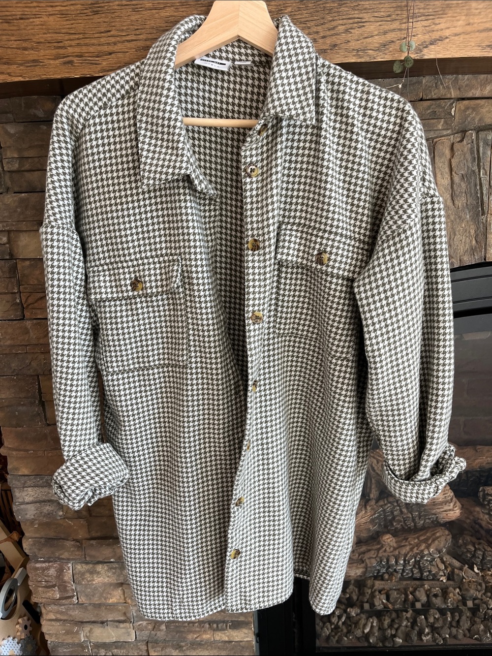 Women’s Houndstooth Button-Up Shirt Jacket - Green/White